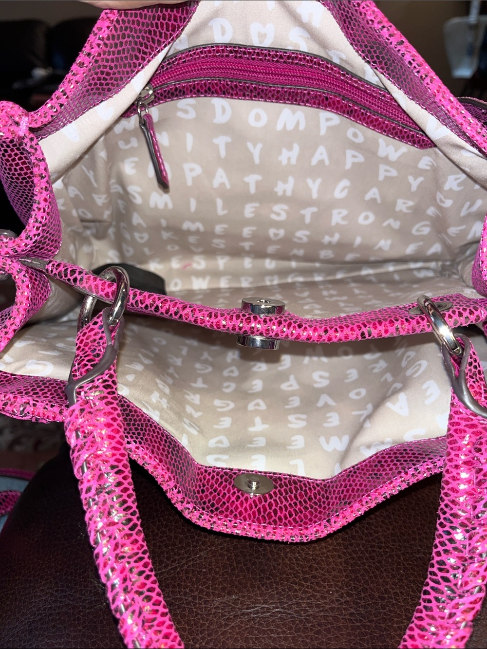 Aimee Kestenberg French leather pink snake print convertible handbag 9.75X13.5 - Picture 5 of 6